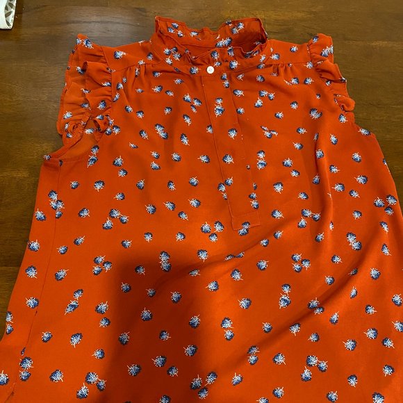 Red Shell with Blue Flowers, Ruffle Sleeves - Picture 3 of 5
